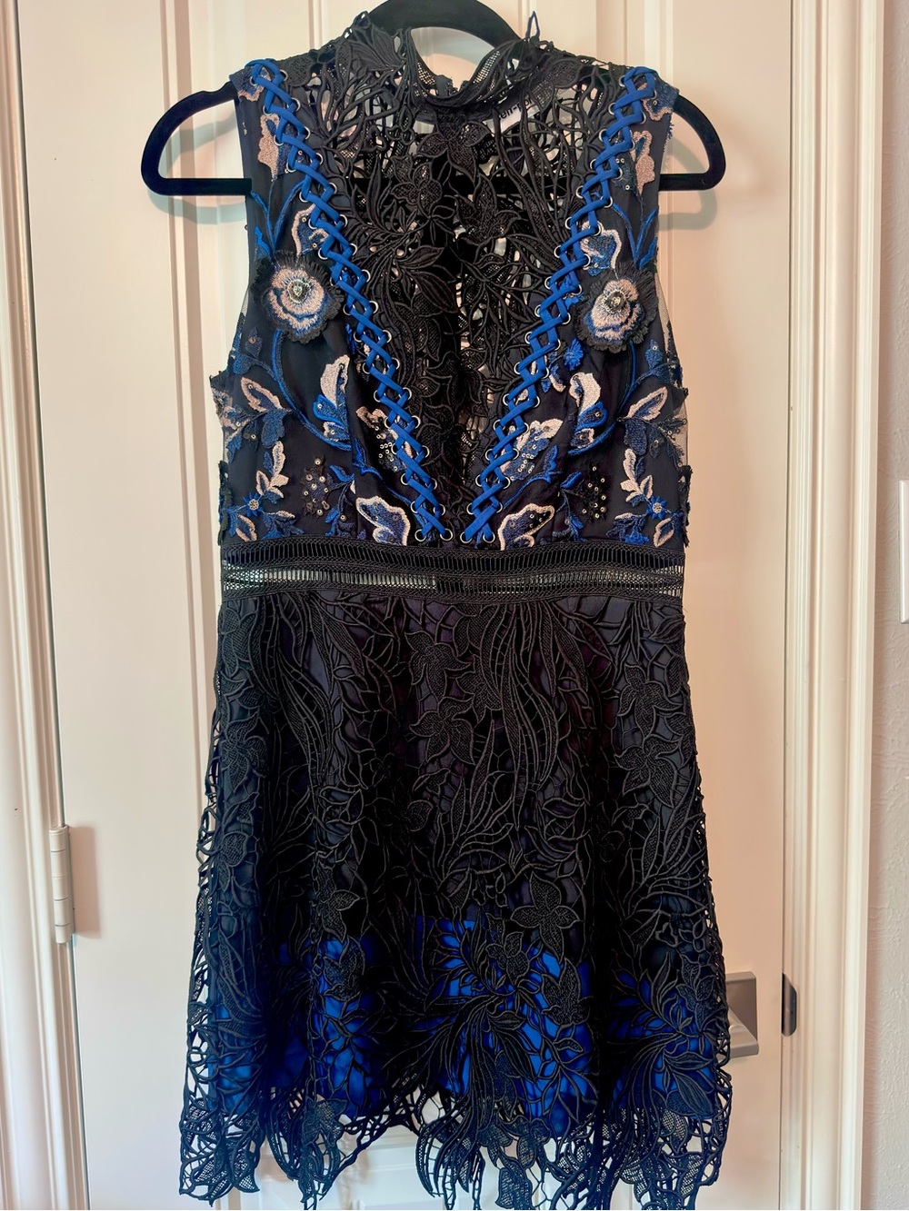 Self-Portrait Black and Navy Lace A-Line Mini Dress